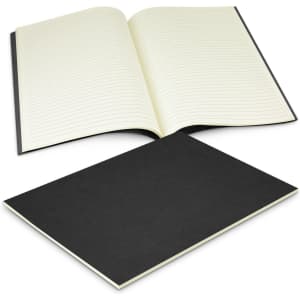 A large notebook with lined cream pages and a black cover, partially opened to display its pages.