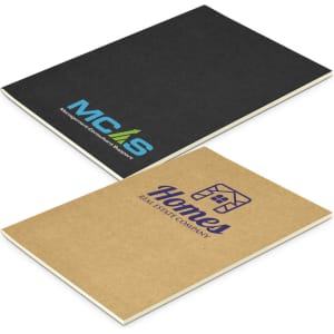 A medium notebook featuring a black cover and a kraft paper cover, each with different logos.
