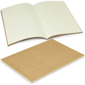A medium notebook featuring lined pages, with a beige cover and a plain brown back cover.
