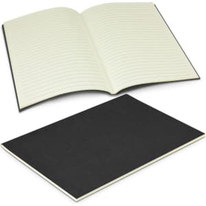 A medium black notebook with lined pages, featuring a soft cover and an open spread displaying blank lines.