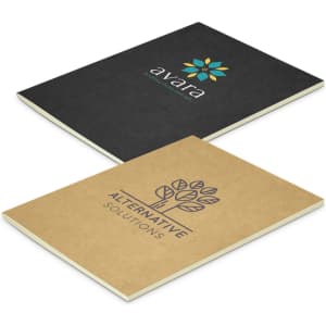 A small notebook featuring a black front cover with a logo and a brown back cover with a design, both having branding.