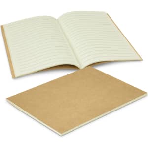 A small notebook with lined pages, featuring a kraft cover and cream pages. The notebook is open with one page visible.