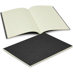 A small black notebook with lined pages, opened to display the interior, featuring a plain black cover.