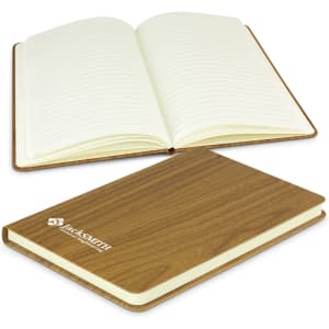 A brown notebook with a wooden cover, featuring plain lined pages, opened to show its interior. It has a logo on the cover.