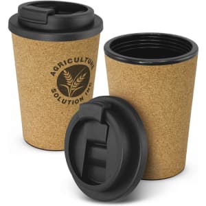 A drink bottle with a cork exterior and black lid, featuring a logo on the front. Two cups are displayed.