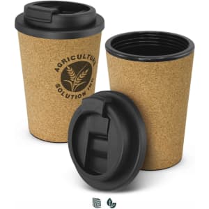 A drink bottle featuring a cork exterior and a black lid, with a logo on the side.