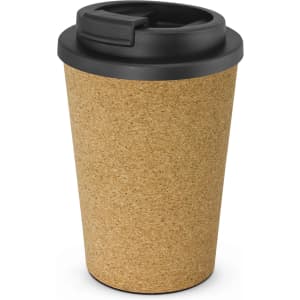 A drink bottle with a cork exterior and black lid, featuring a logo on the side.