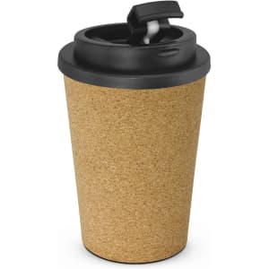 A drink bottle with a natural cork exterior and a black lid, featuring a sipping spout.