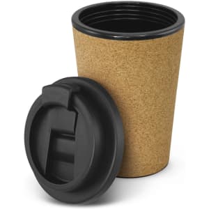 A drink bottle with a cork exterior and black lid, featuring a smooth surface and an interior lining.