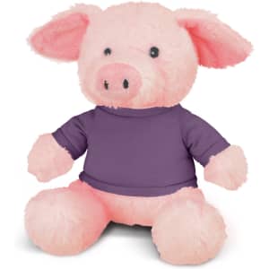 A pink pig plush toy wearing a purple sweater, with soft features and a friendly expression.