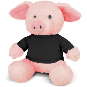 A soft pink pig plush toy with black clothing, featuring oversized ears and a friendly expression.