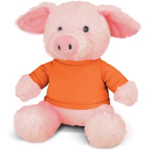 A pink pig plush toy wearing an orange shirt, featuring black button eyes and soft, fluffy ears.
