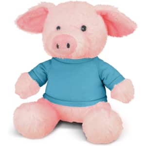 A pink pig plush toy wearing a blue shirt, featuring round ears and a friendly face.