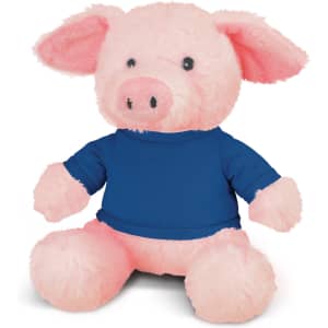 A pink plush pig toy wearing a blue shirt, with large eyes and soft, fluffy body. It has an attached logo.
