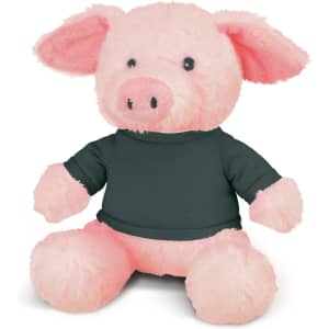 A pink pig plush toy wearing a dark green shirt, featuring soft fur and small, round features.