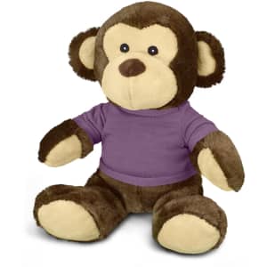 A plush monkey toy with brown fur and a purple shirt, featuring a cute, smiling face and soft, rounded ears.
