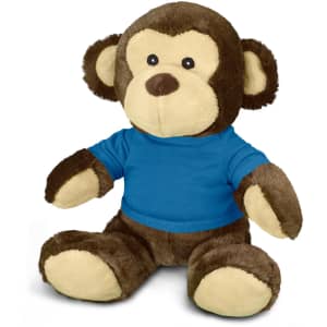 A plush monkey toy with a brown body and a blue T-shirt, featuring large ears and a friendly face.