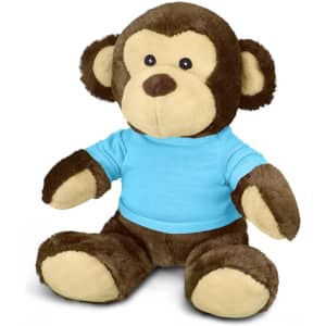 A plush monkey toy in brown and cream, wearing a blue T-shirt, seated with arms outstretched.