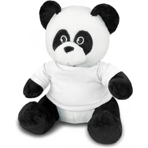 A plush panda toy with black and white fur, wearing a white shirt and featuring a logo on its chest.