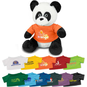 A plush panda toy in black and white, wearing an orange t-shirt, with various coloured t-shirts displayed below.