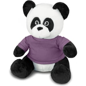 A panda plush toy in black and white, wearing a purple shirt, sitting upright. It has a friendly expression.