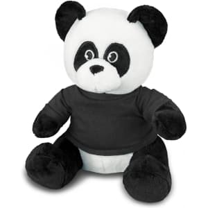 A cuddly panda plush toy featuring a black and white design and wearing a black shirt, with a friendly expression.