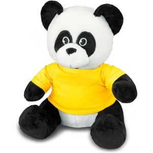 A plush panda toy wearing a yellow shirt, featuring black and white fur, with expressive eyes and a soft body.