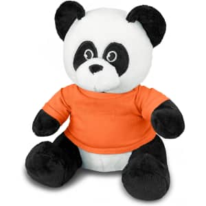 A plush panda toy with black and white fur, wearing an orange shirt, sitting upright.