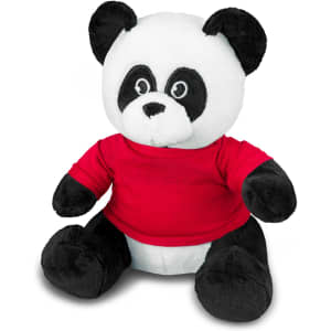 A black and white panda plush toy wearing a red shirt, sitting upright with a friendly expression.