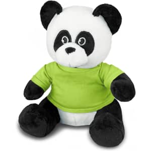 A soft panda plush toy with black and white fur, wearing a bright green shirt. It has a cute, friendly face.