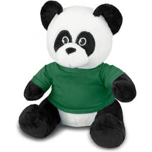 A panda plush toy with black and white fur, wearing a green shirt, seated upright. It has a friendly expression.