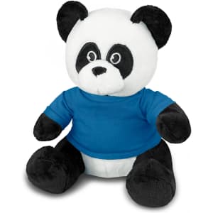 A panda plush toy with black and white fur, wearing a blue shirt, featuring a logo on the shirt.