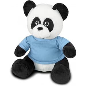 A plush panda toy with black and white fur, wearing a blue shirt, sitting upright. It has a logo on its shirt.