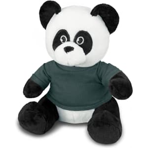 A plush toy of a panda wearing a green shirt, featuring black and white fur with a soft appearance.