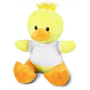 A yellow duck plush toy with an orange beak and feet, wearing a white shirt, featuring a cute, fluffy tuft on top.