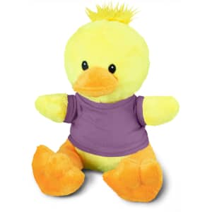 A yellow duck plush toy with an orange beak and feet, wearing a purple shirt. It has a fluffy tuft on its head.