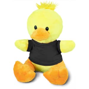 A yellow duck plush toy with orange feet and a black shirt, featuring a tuft of fur on its head.