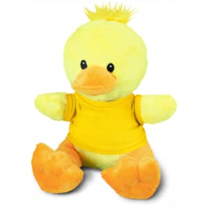 A fluffy yellow duck plush toy wearing a yellow shirt with orange feet and a tuft of hair on its head.