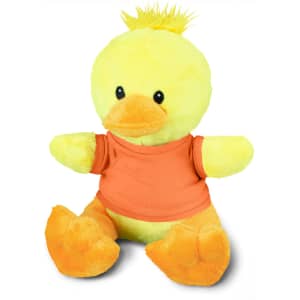 A yellow duck plush toy with an orange shirt and a tuft of feathers on its head. It has black eyes and an orange beak.