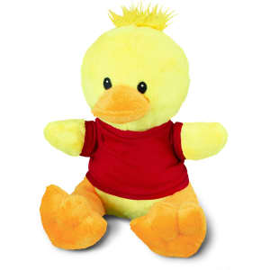 A soft, yellow duck plush toy wearing a red shirt, featuring orange feet and a tuft of hair on its head.