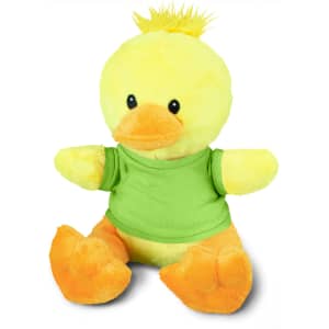 A yellow duck plush toy with a green shirt and orange feet, featuring a tuft of feathers on its head.