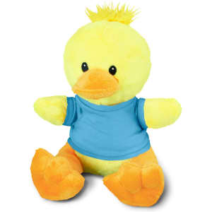 A yellow plush duck with an orange beak and feet, wearing a blue shirt, features a fluffy tuft on its head.