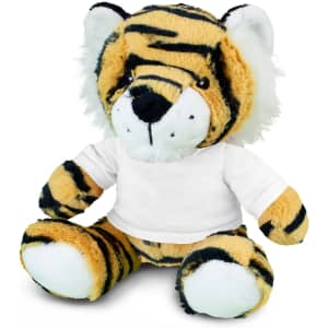A plush toy tiger with orange and black stripes, featuring a white shirt and its signature fluffy ears.