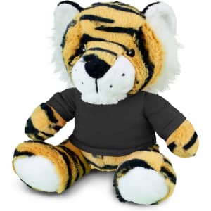 A plush tiger toy featuring orange and black stripes, wearing a black shirt, with soft fur and white accents.