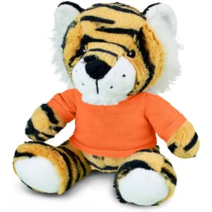 A plush tiger toy featuring orange and black stripes, wearing an orange shirt and has a friendly expression.