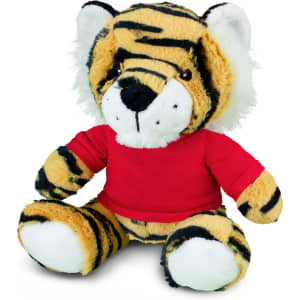 A plush tiger toy with a orange and black striped pattern, wearing a red shirt, sitting upright.