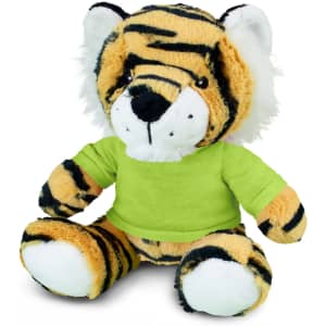 A plush tiger toy with orange and black stripes, wearing a green shirt and featuring a friendly facial expression.