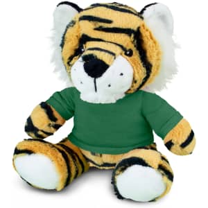 A plush tiger toy with black stripes and white accents, wearing a green shirt, sitting upright.