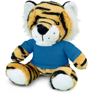 A plush tiger toy features orange and black stripes, with a blue shirt and white accents on the face and paws.
