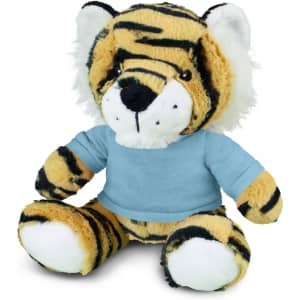 A plush toy tiger with black stripes and a blue shirt, featuring a soft, cuddly texture and expressive face.